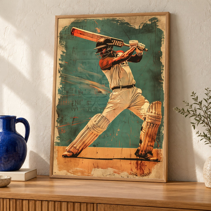 Retro Cricket Poster, Vintage Batsman Wall Art, Mid Century Sports