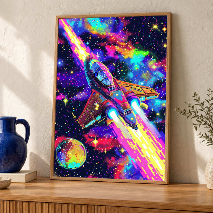 Retro Sci-Fi Space Art, Pixel Spaceship Print, Neon Galaxy Poster