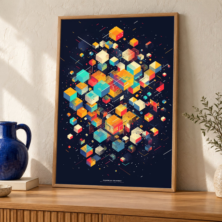 Retro 3D Cube Art, Colorful Pixel Blocks Poster, Geometric Gamer Print