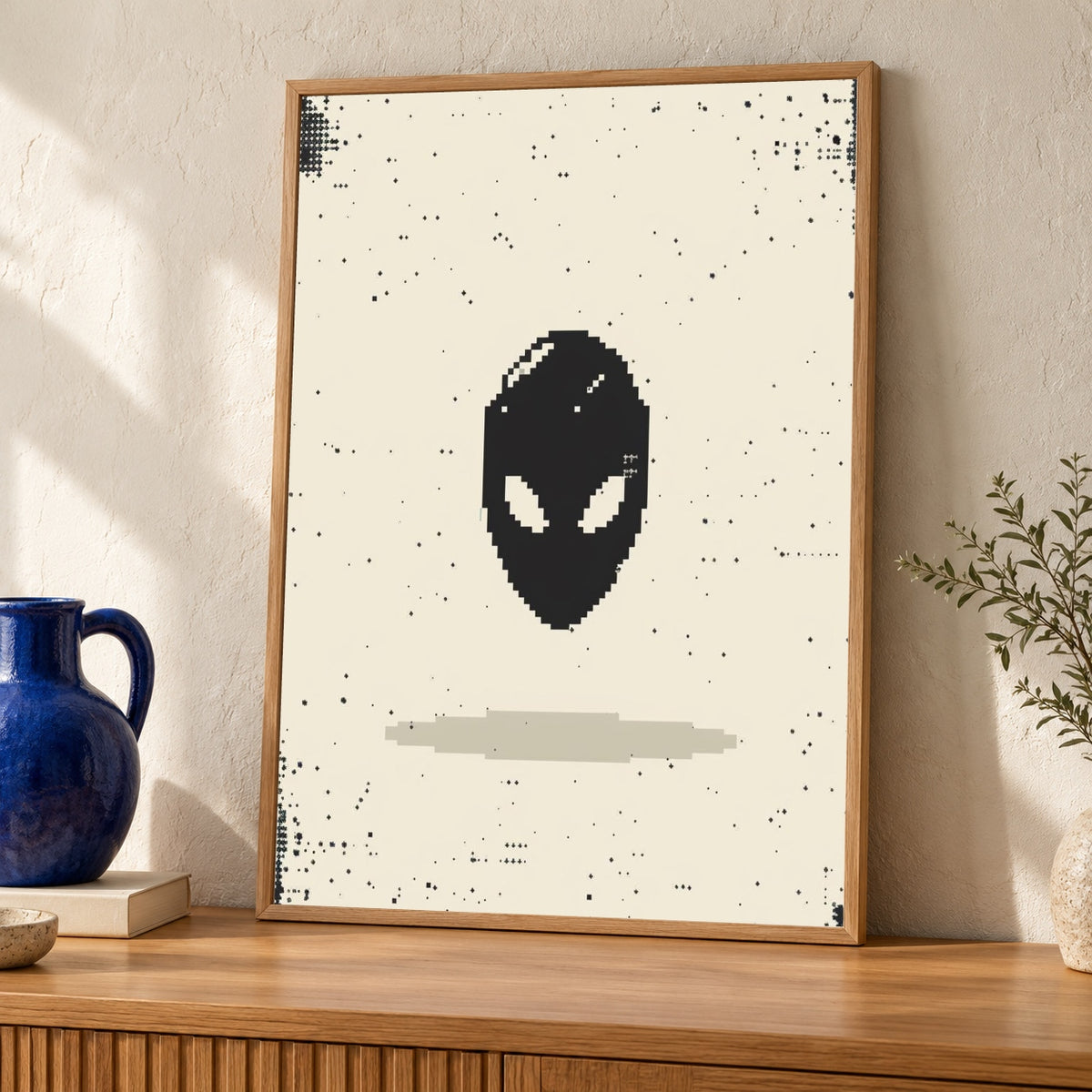 Retro Alien Wall Art, Pixel 8-Bit Sci-Fi Print — oak frame room mockup