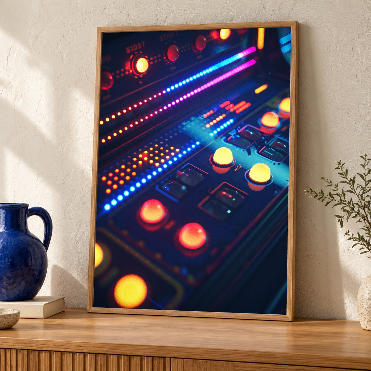 Gaming Wall Art, Retro Arcade Neon Print, 80s Vintage Poster — oak frame room mockup