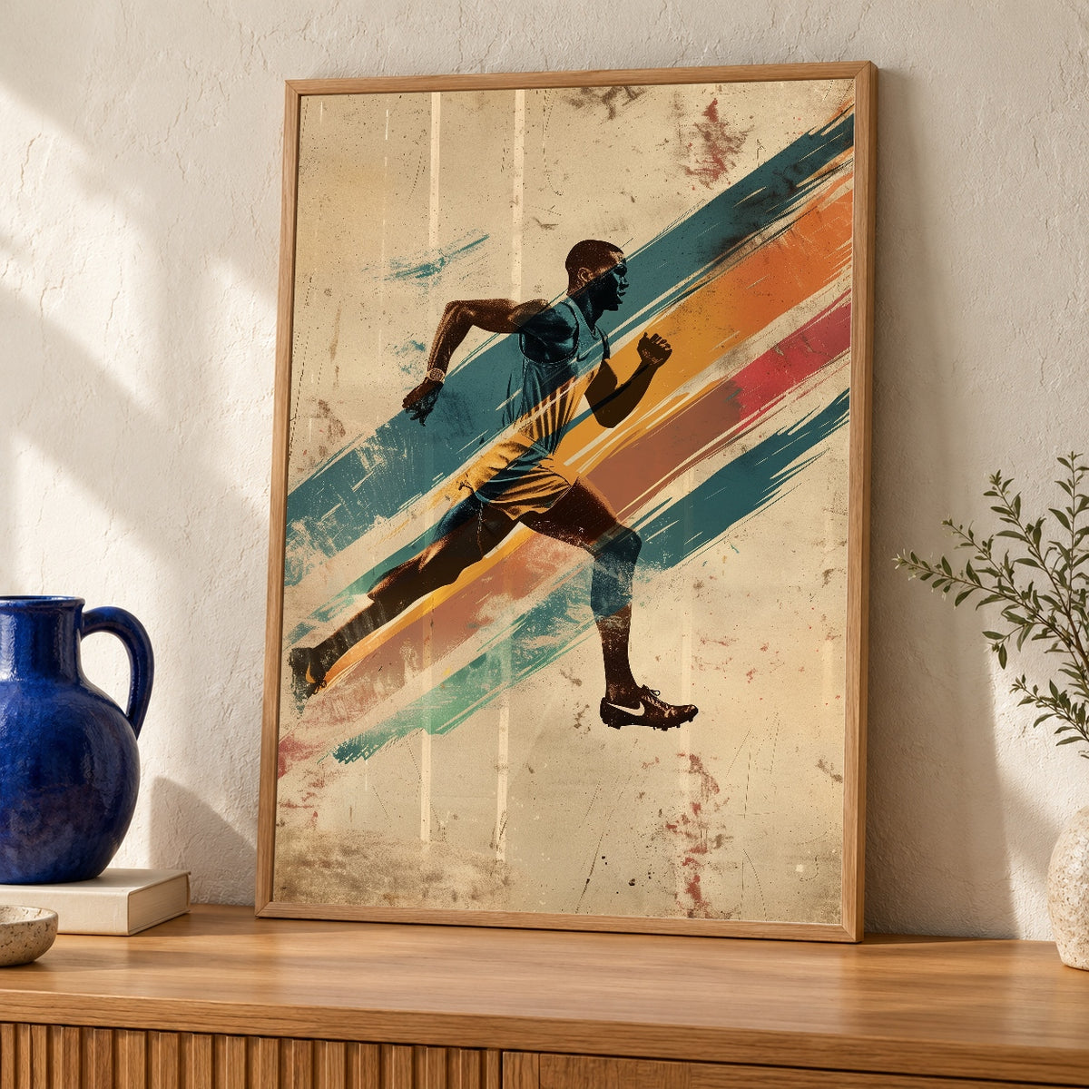 Retro Sports Poster, Vintage Track Runner, Motivational Sprinting — oak frame room mockup