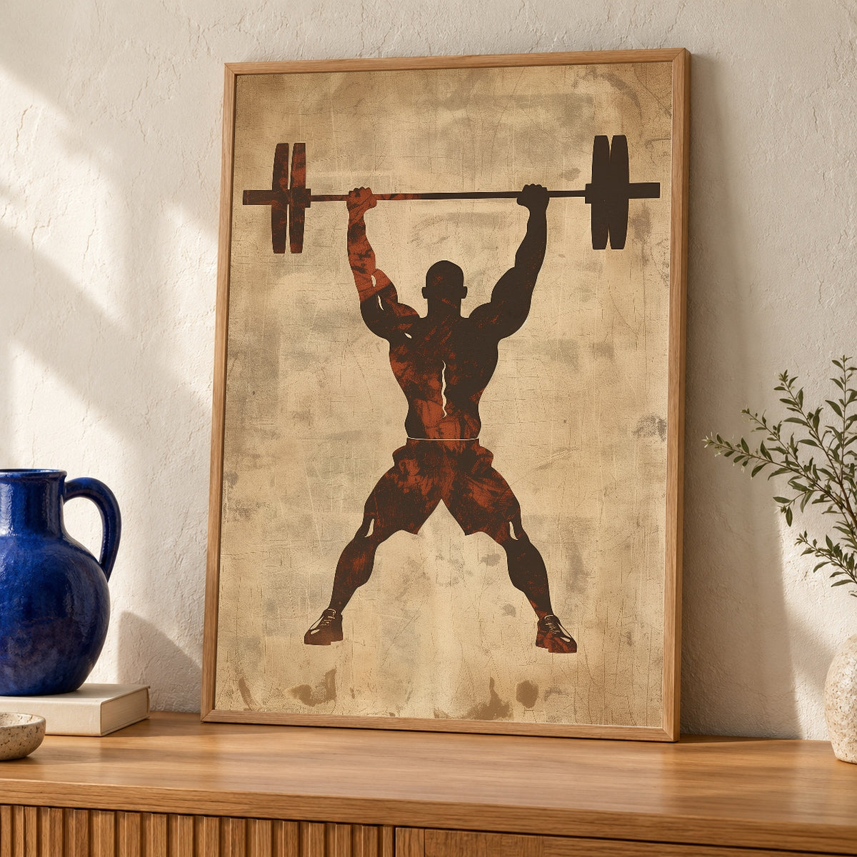 Retro Gym Wall Art, Vintage Weightlifter Barbell Poster, Motivational Print — oak frame room mockup