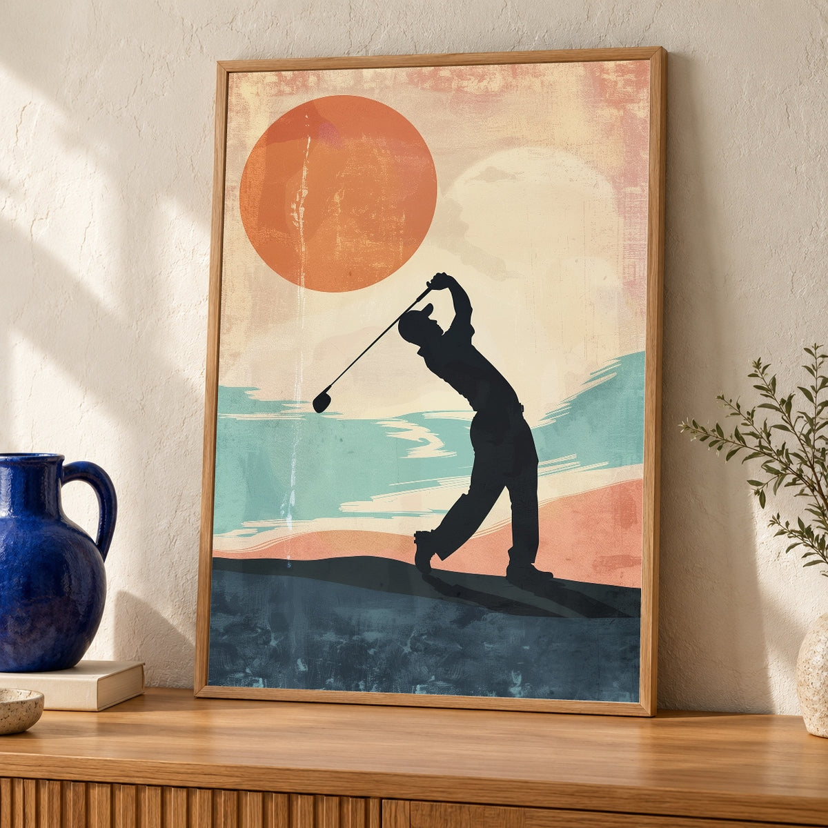 Retro Golf Wall Art, Vintage Golfer Silhouette Print — oak frame room mockup