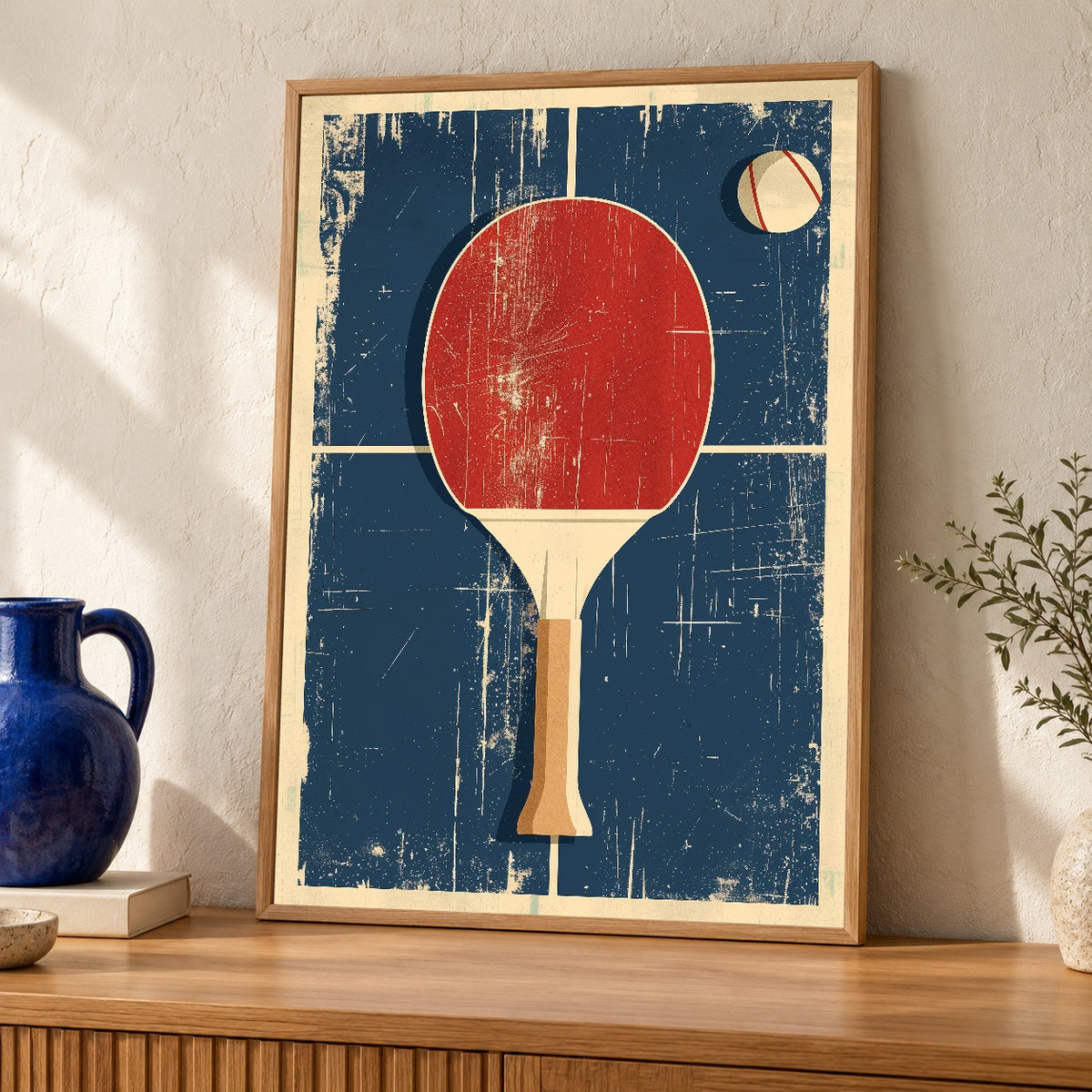 Retro Ping Pong Art, Vintage Table Tennis Paddle Poster — oak frame room mockup