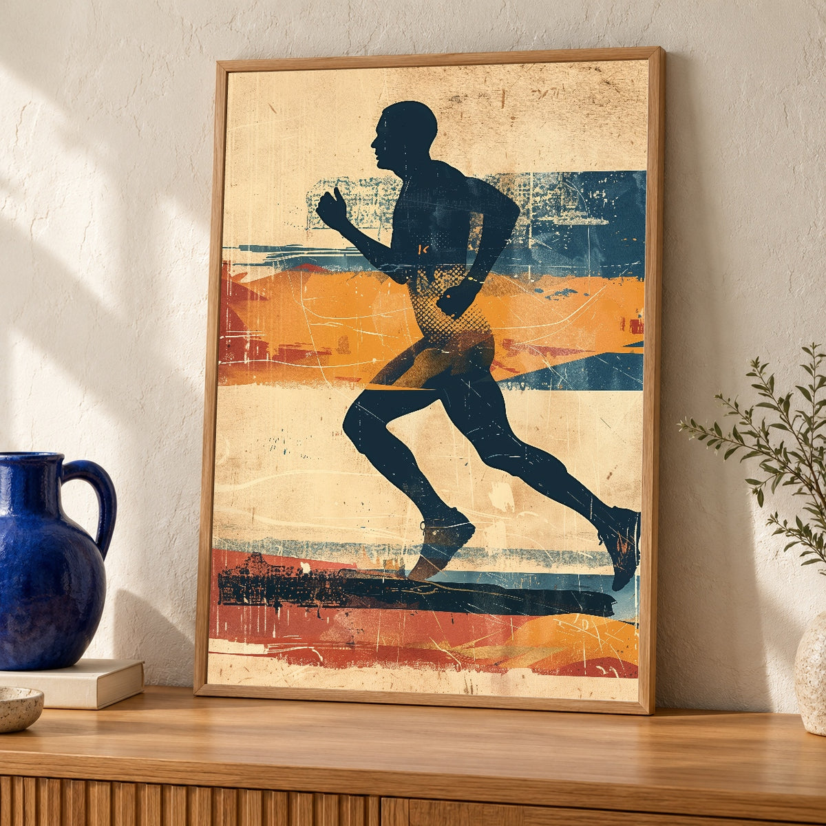Retro Runner Print, Vintage Marathon Silhouette Poster — oak frame room mockup