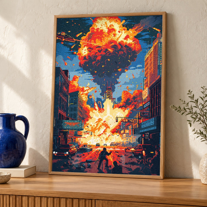 Pixel Art Boss Battle, Retro Arcade City Explosion Print
