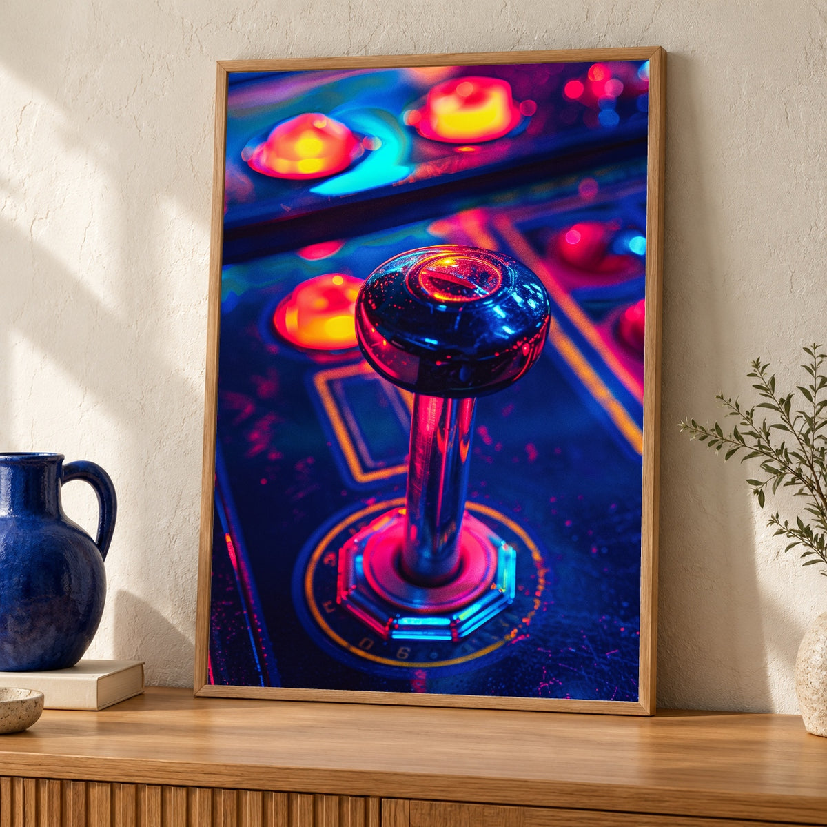 Retro Gaming Print, Neon Arcade Joystick Poster, Gamer Gift — oak frame room mockup