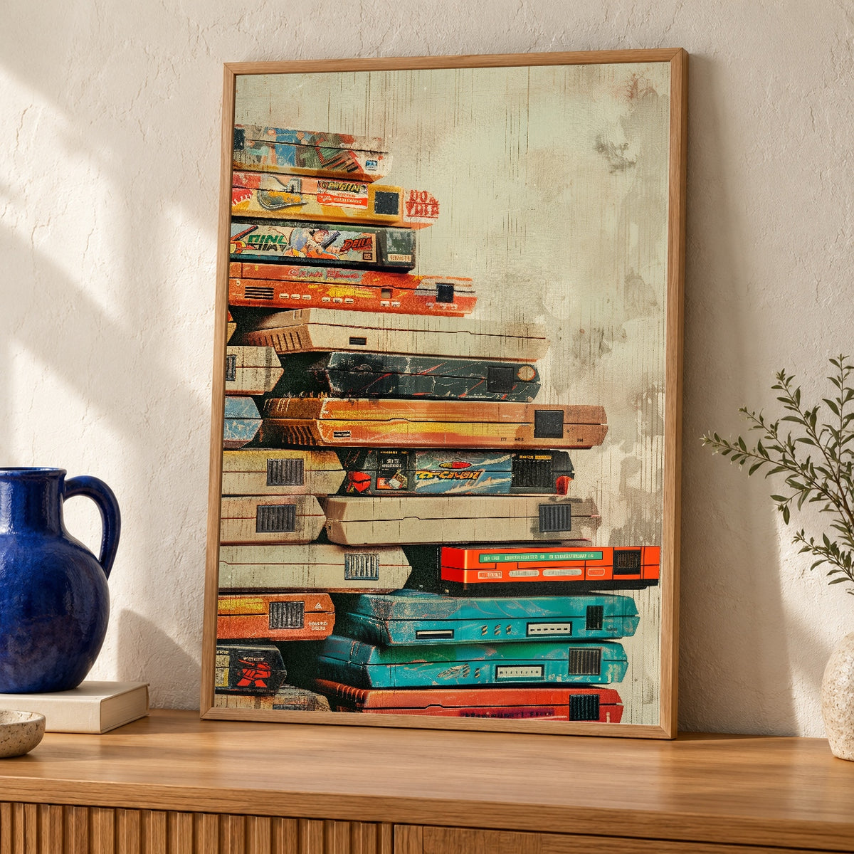 Gaming Wall Art, Retro Cartridge Stack Poster, Gamer Gift — oak frame room mockup