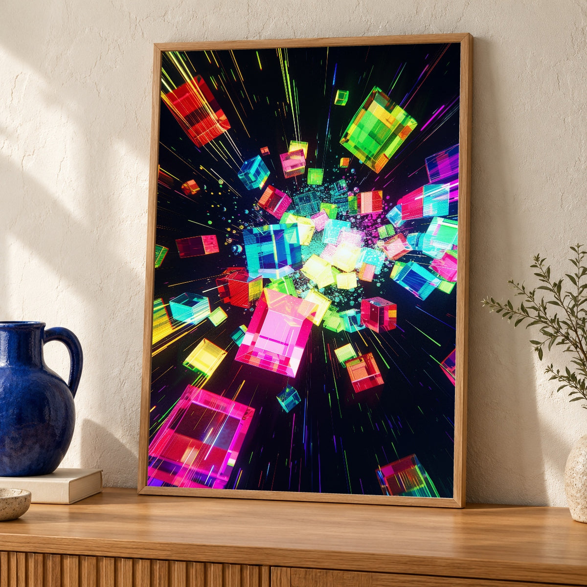 Hypebeast Decor, Neon Pixel Cube Explosion, Retro Wall Art — oak frame room mockup