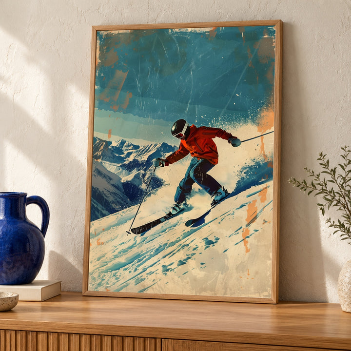 Retro Skiing Print, Vintage Downhill Skier Poster, Mountain Winter Sports