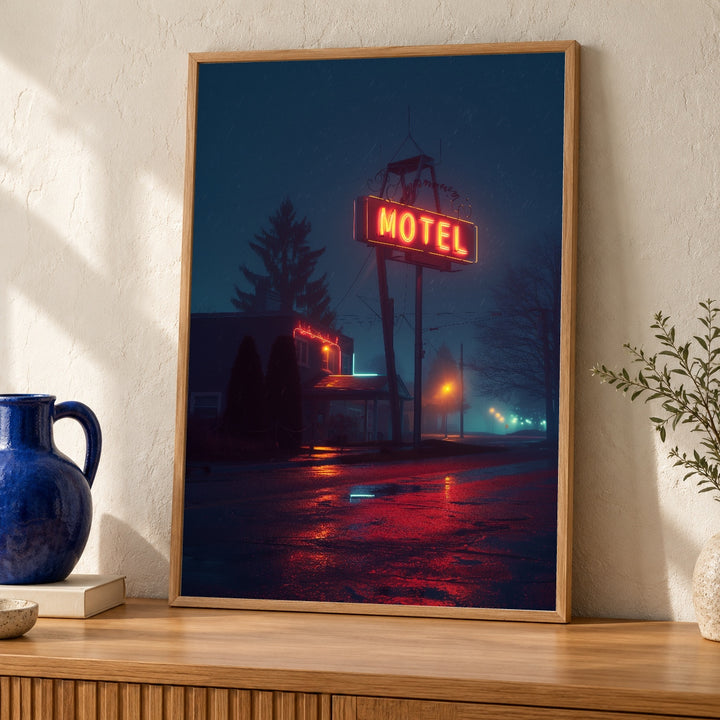Retro Neon Sign Art, Vintage Motel Night Print, Cinematic Roadside Poster