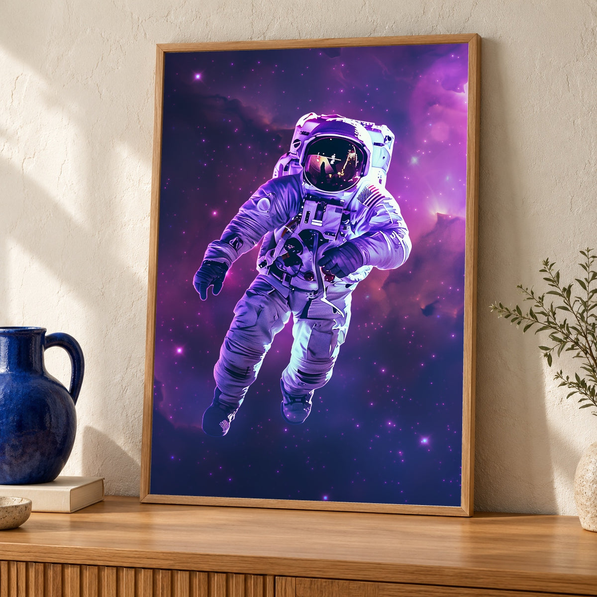 Space Astronaut Art, Neon Galaxy Spaceman Poster — oak frame room mockup