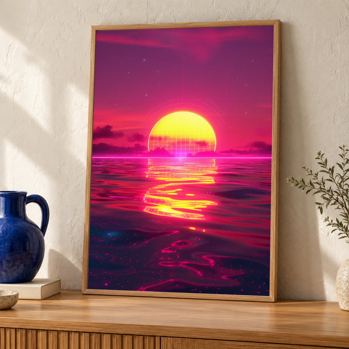 Retro Synthwave Sunset, 80s Vaporwave Grid Print