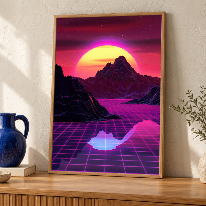 Retro Synthwave Art, Neon Mountain Landscape Print, Gamer Gift