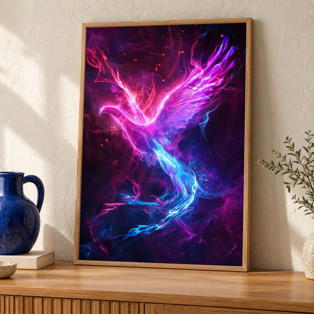 Fantasy Wall Art, Neon Phoenix Rising Print, Mythical Bird — oak frame room mockup