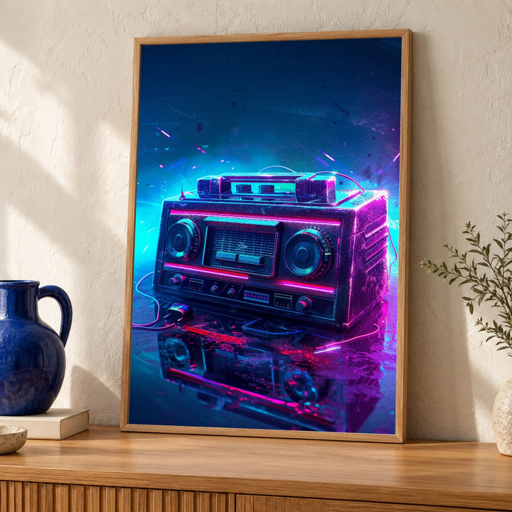 Hypebeast Decor, Retro 80s Boombox Neon Synthwave Poster