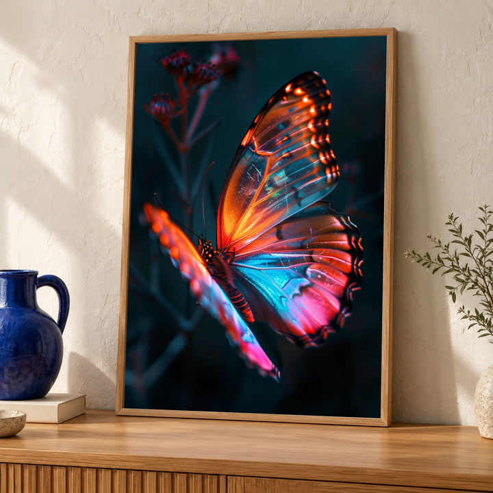 Neon Butterfly Art, Glowing Electric Insect Print, Vibrant Teal Pink