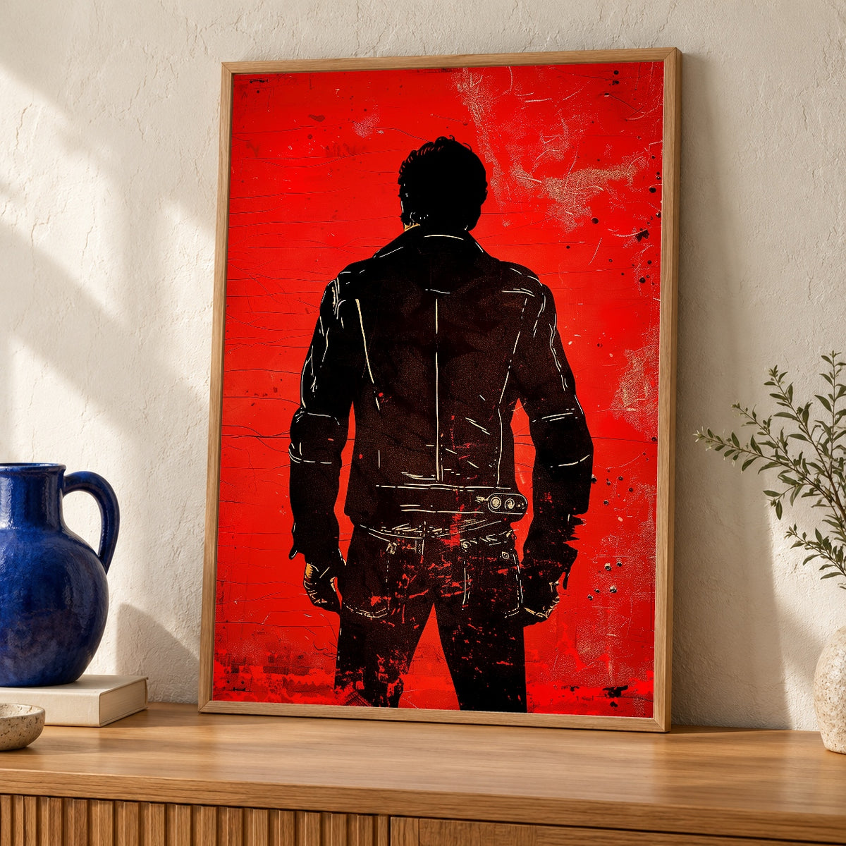 Retro Biker Poster, Outlaw Leather Jacket Silhouette, Hypebeast Decor — oak frame room mockup
