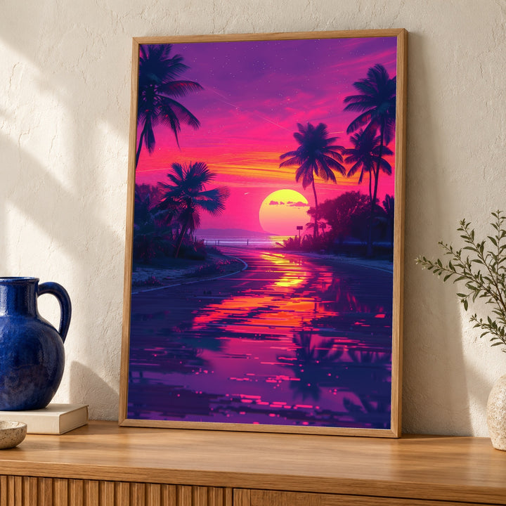 Retro Neon Palm Art, Synthwave Sunset Print, 80s Vaporwave Poster