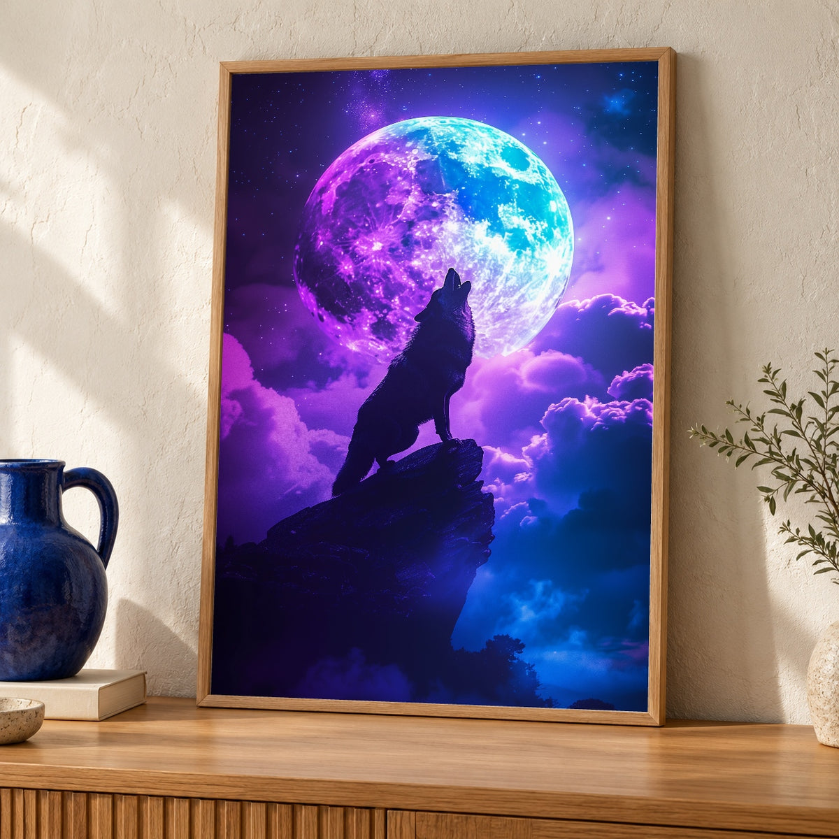 Fantasy Wolf Print, Neon Moon Howling Wolf, Synthwave Dark Art — oak frame room mockup