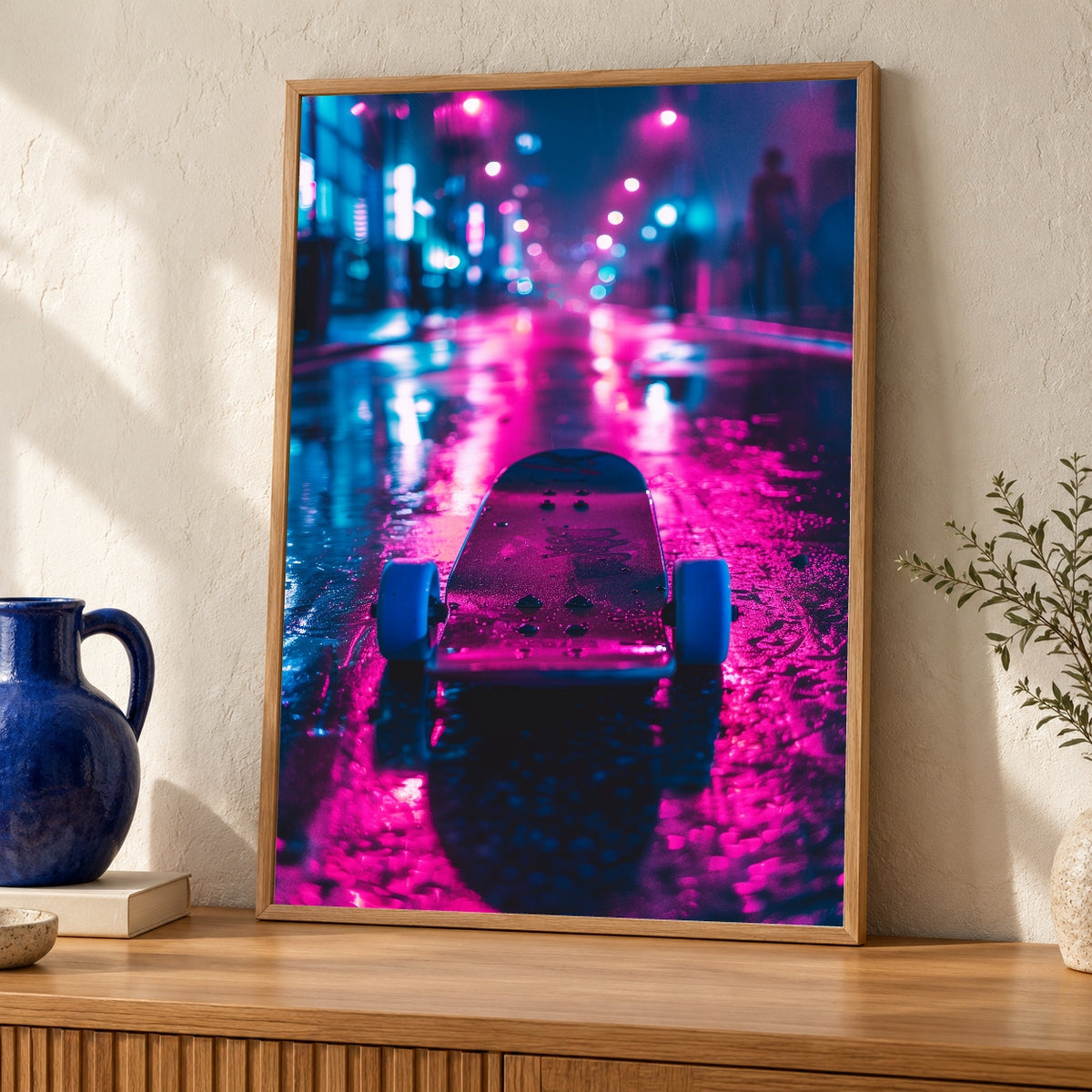 Retro Skateboard Art, Neon Street Synthwave Print, Hypebeast Decor — oak frame room mockup