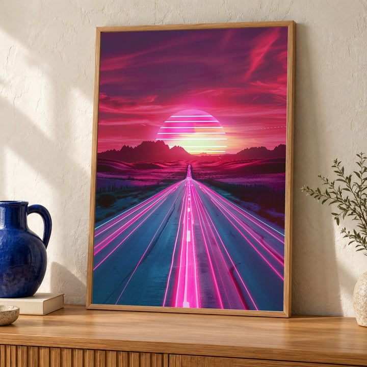 Retro Synthwave Art, Neon Desert Highway Print, 80s Gloss Poster