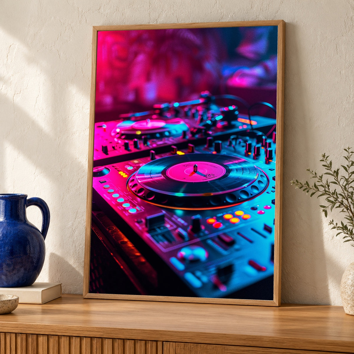 Retro DJ Turntable Art, Neon Synthwave Music Poster — oak frame room mockup