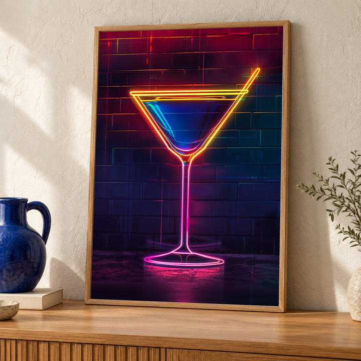 Retro Neon Martini Art, Cocktail Bar Print, Synthwave Wall Decor