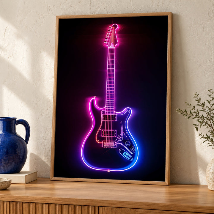 Electric Guitar Neon Wall Art, Glowing Synthwave Music Poster, Cyberpunk Rock Gloss Print, Vibrant Studio Decor for Musician Room
