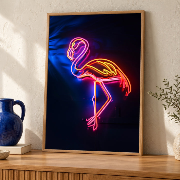 Neon Flamingo Wall Art, Tropical Retro Gloss Print
