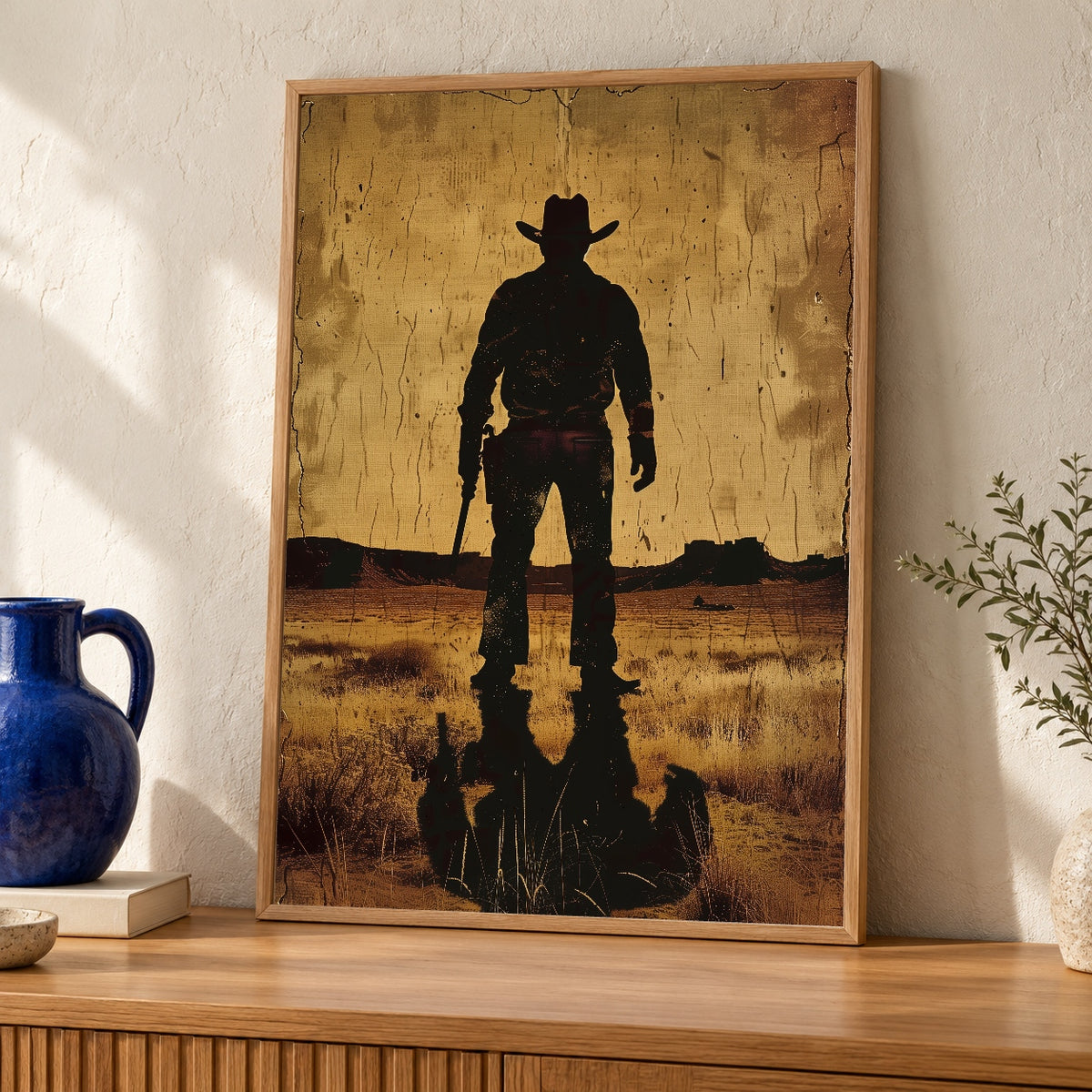 Retro Wall Art, Cowboy Silhouette, Spaghetti Western — oak frame room mockup