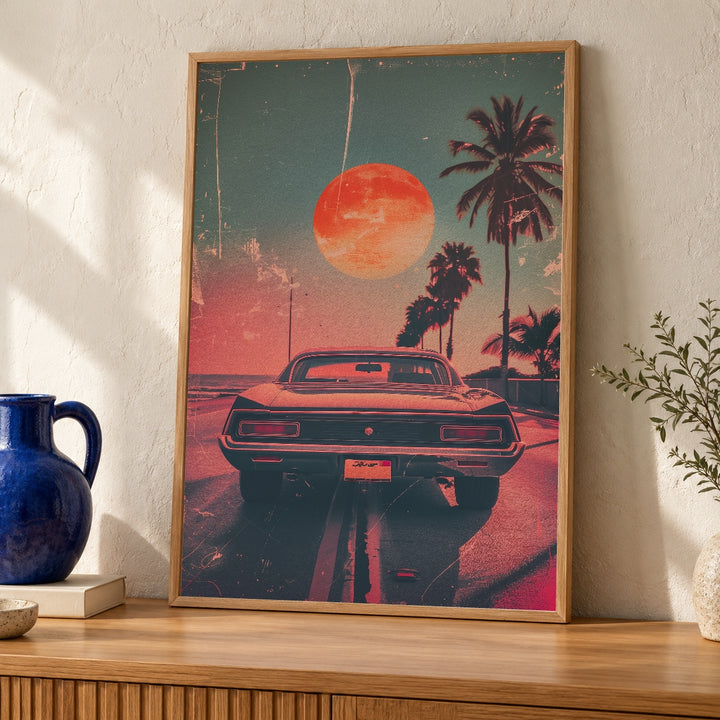 Retro Wall Art, Vintage Muscle Car Sunset Print