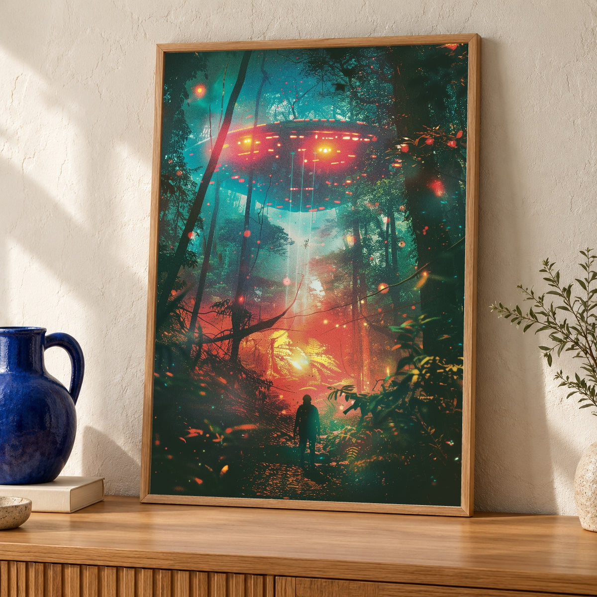 Retro Sci-Fi Wall Art, 80s UFO Alien Encounter Print, Glowing Forest — oak frame room mockup