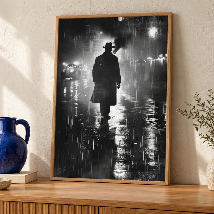 Film Noir Wall Art, Vintage Detective Print, Rainy Street Poster