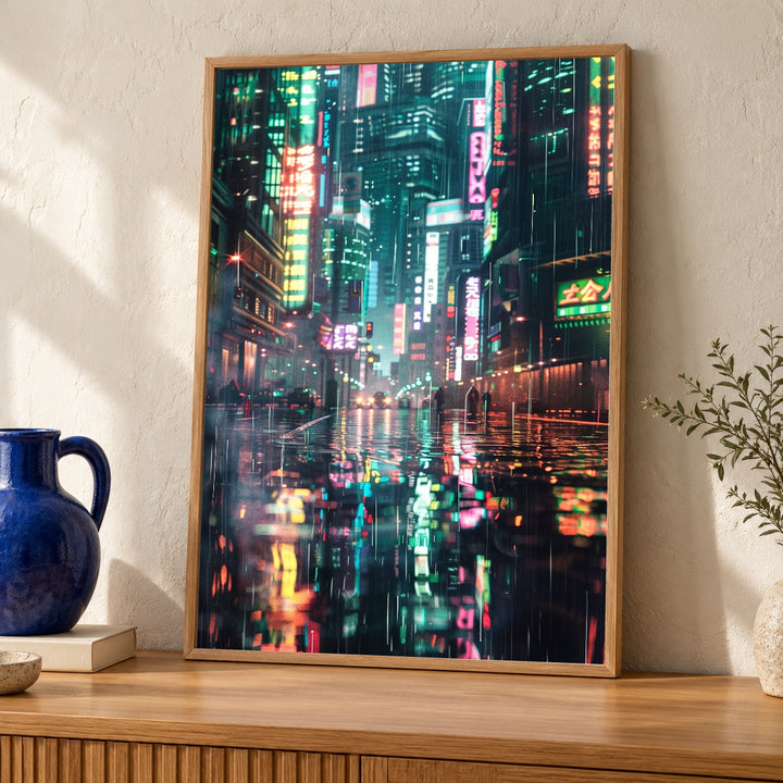 Tokyo Poster, Cyberpunk Neon Cityscape, Rainy Street Print