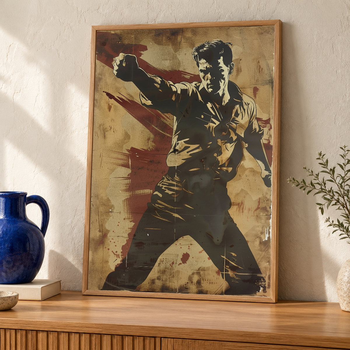 Vintage Movie Poster Art, Dramatic Hero Print, Retro Wall Art — oak frame room mockup