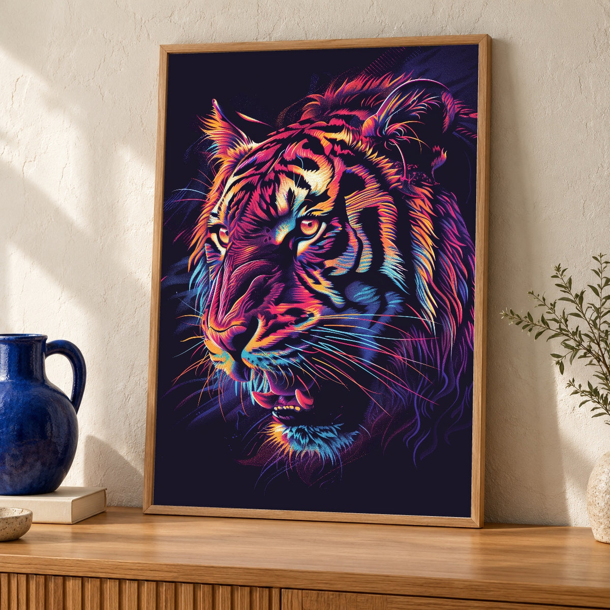 Neon Tiger Wall Art, Vibrant Cyberpunk Animal Portrait Print — oak frame room mockup