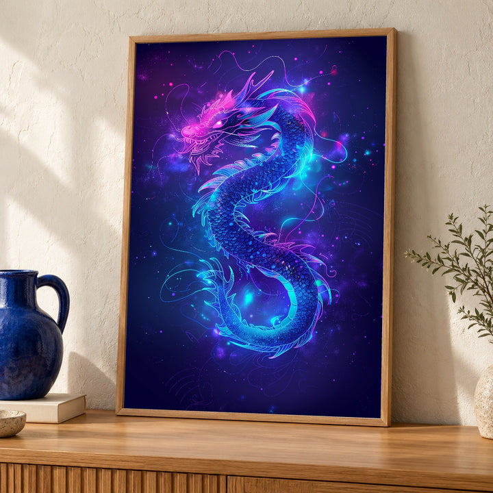 Dragon Wall Art, Electric Neon Purple Blue Mythical Print