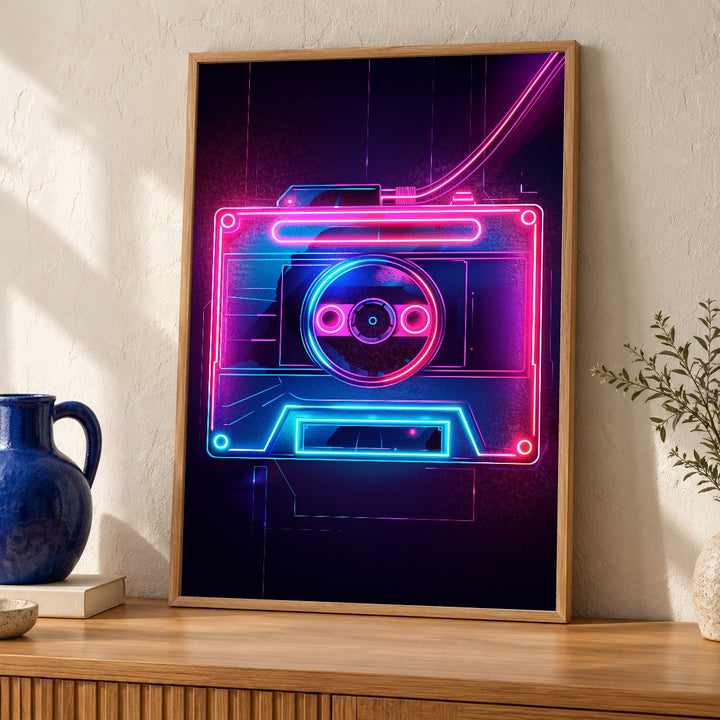 Retro Cassette Tape Neon Wall Art, 80s Synthwave Gloss Print, Vibrant Cyberpunk Music Poster, Glow Aesthetic Retro Futuristic Decor