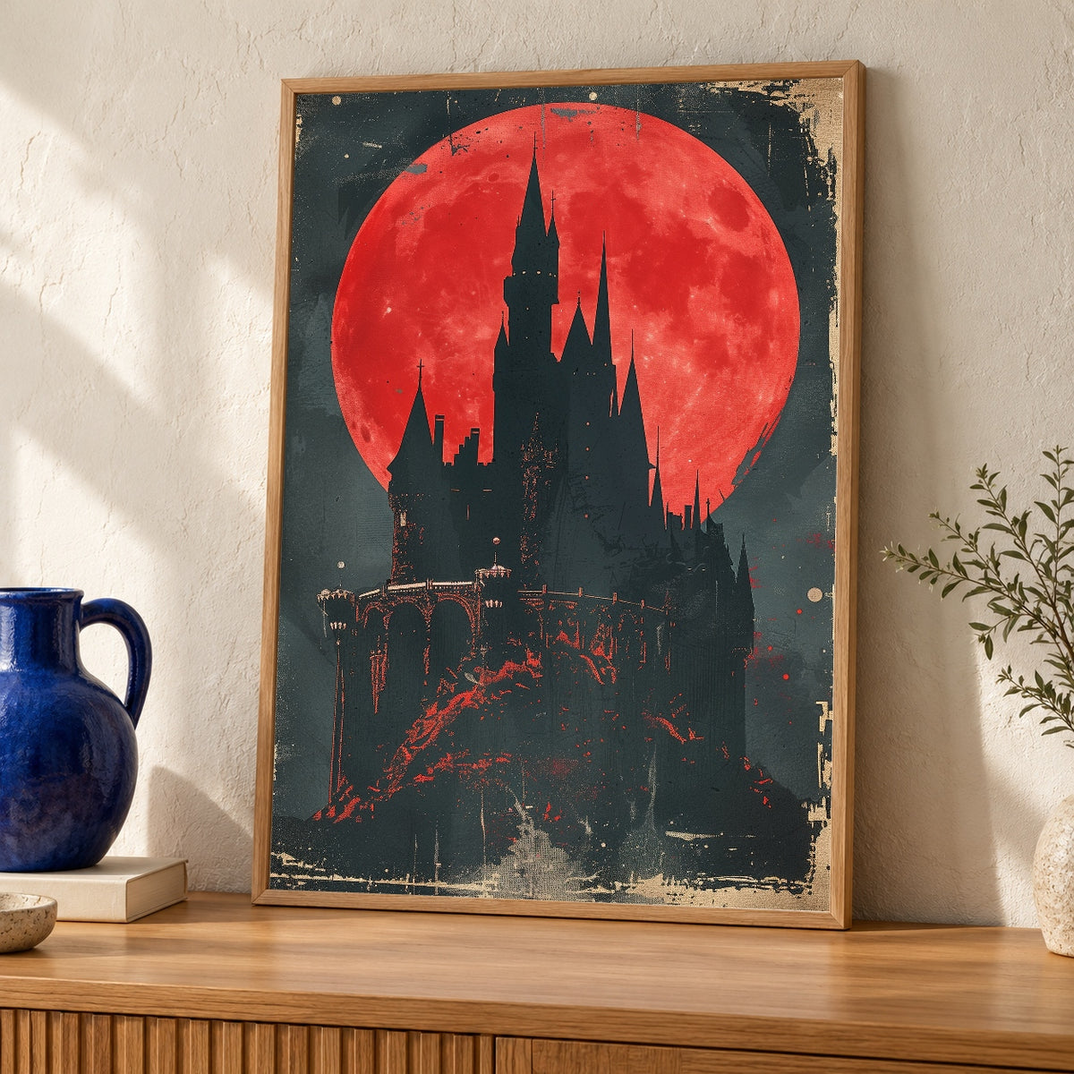 Gothic Horror Poster, Blood Moon Castle Silhouette, Retro Dark Fantasy — oak frame room mockup