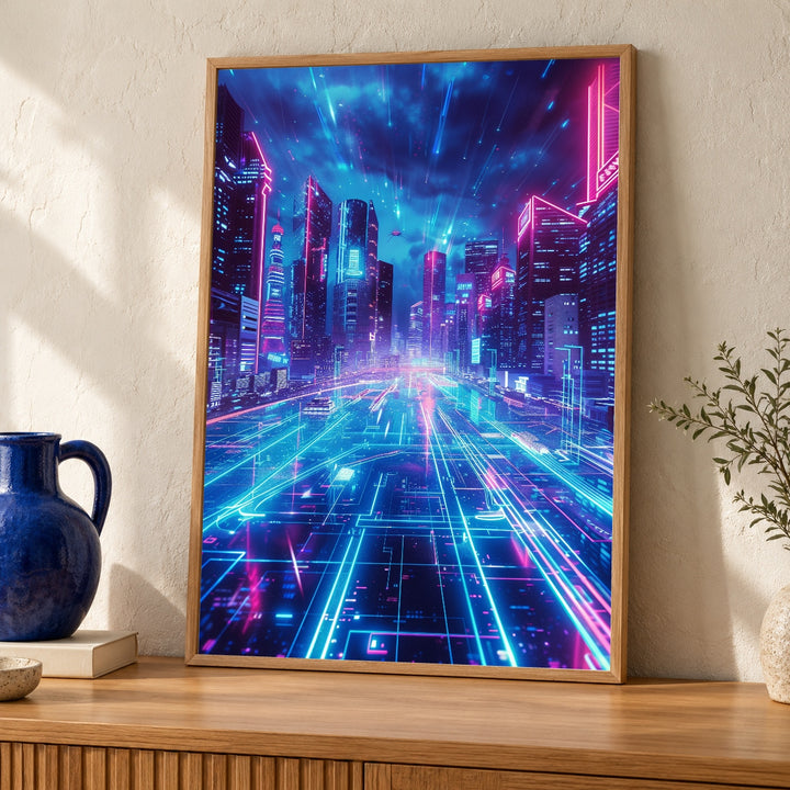 Cyberpunk City Art, Neon Sci-Fi Skyline Print, Retro Poster