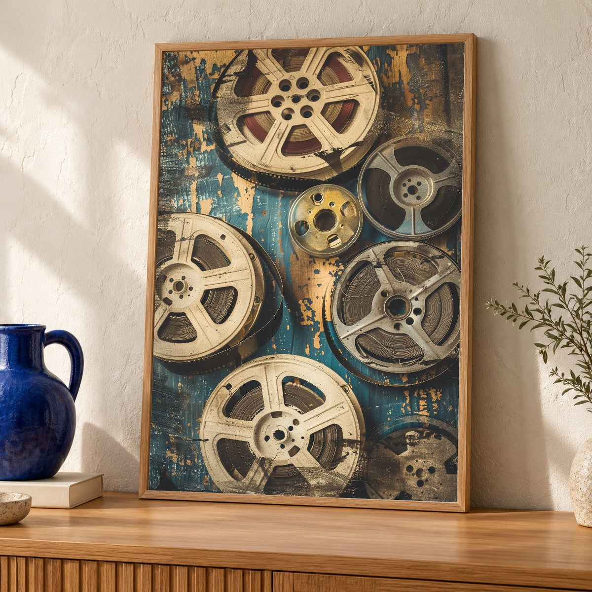 Retro Cinema Art, Vintage 35mm Film Reel Poster — oak frame room mockup