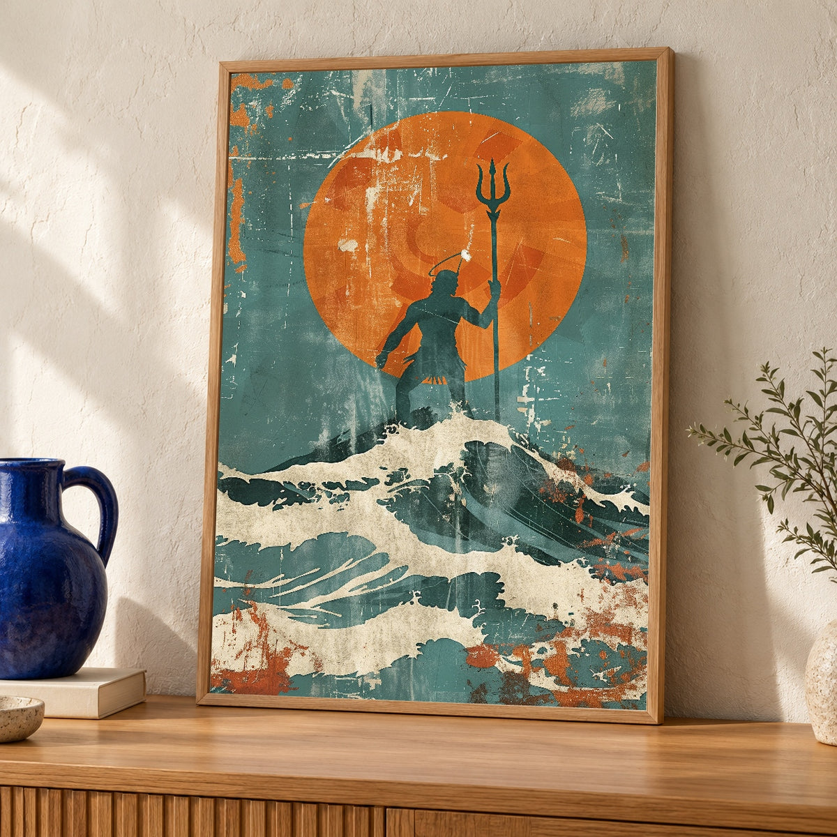 Greek Mythology Art, Poseidon Trident Ocean Wave Print — oak frame room mockup