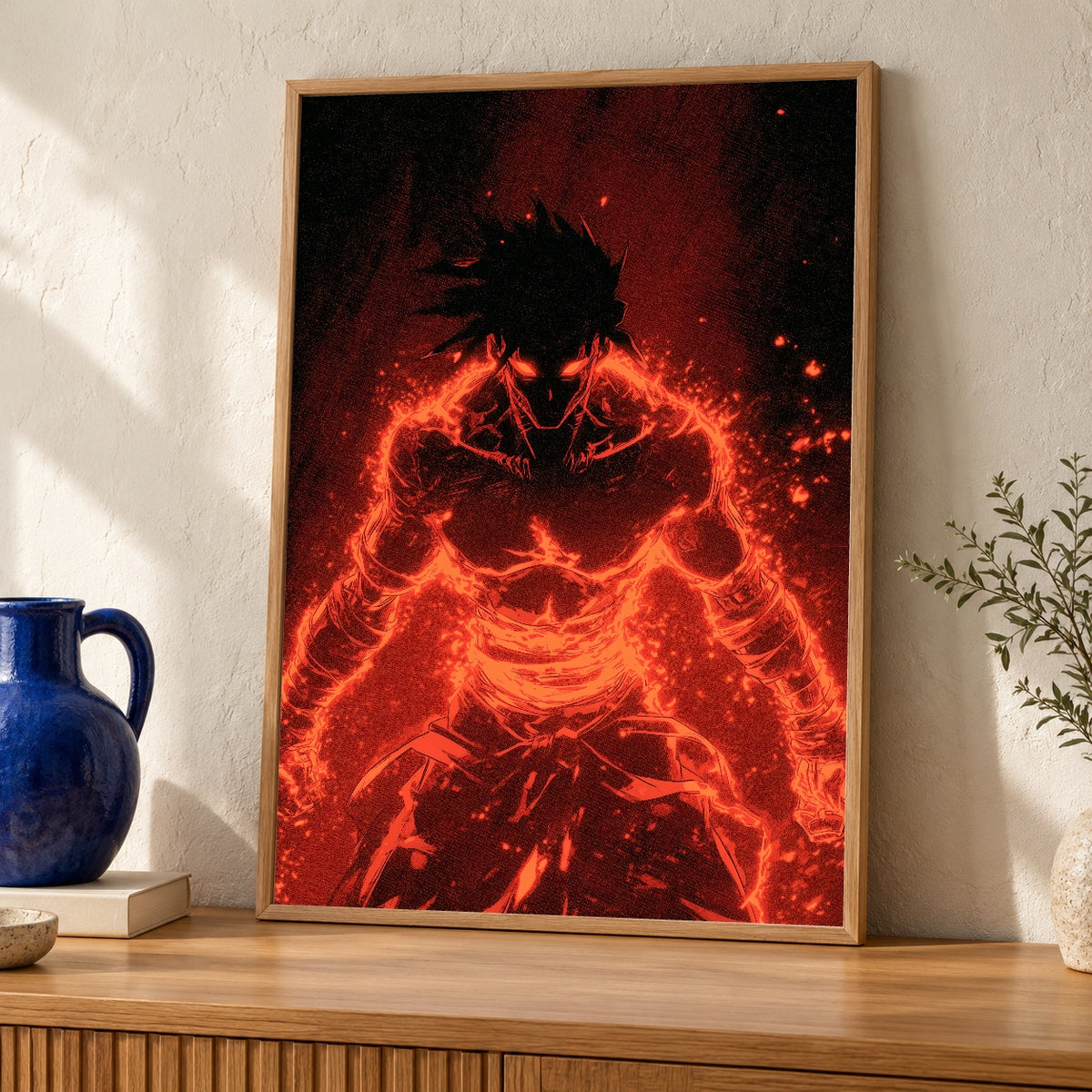 Anime Warrior Art, Fire Aura Silhouette Print, Retro Manga Poster — oak frame room mockup
