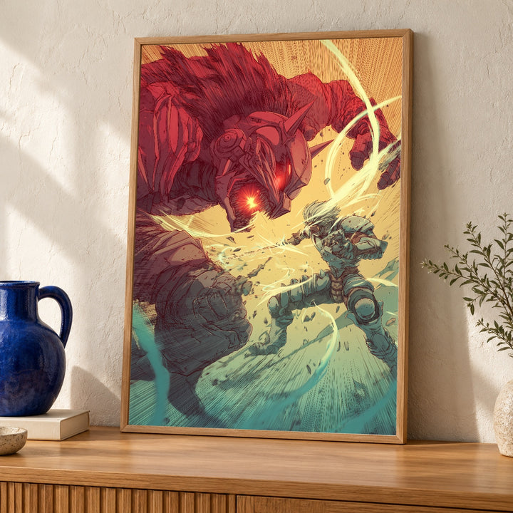 Dark Fantasy Art, Giant Demon vs Armored Warrior, Anime Battle Print
