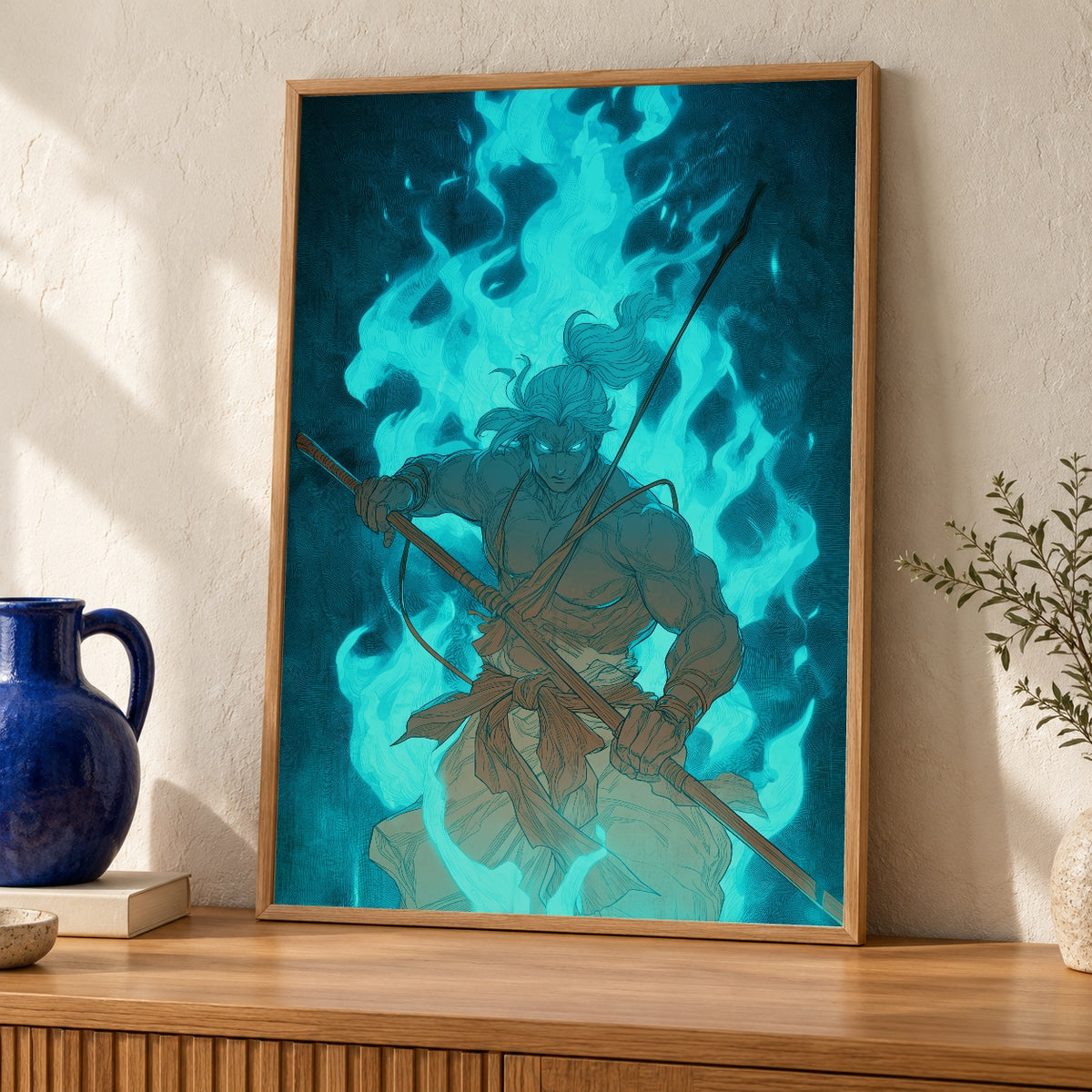 Dark Fantasy Print, Anime Warrior Teal Fire, Gamer Gift — oak frame room mockup