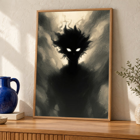Dark Fantasy Art, Glowing Eyes Demon Silhouette, Anime Shadow Print — oak frame room mockup
