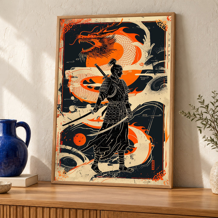 Samurai Dragon Wall Art, Japanese Warrior Katana Print