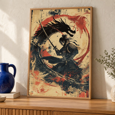 Samurai Dragon Art, Japanese Warrior Katana Print — oak frame room mockup